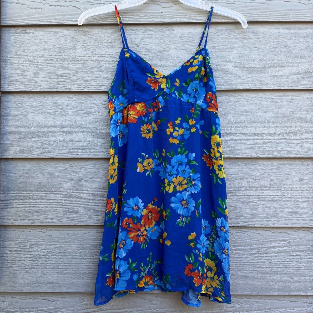 Hollister M Cami Sundress Women Blue Chiffon Floral Spaghetti Strap Lined Summer